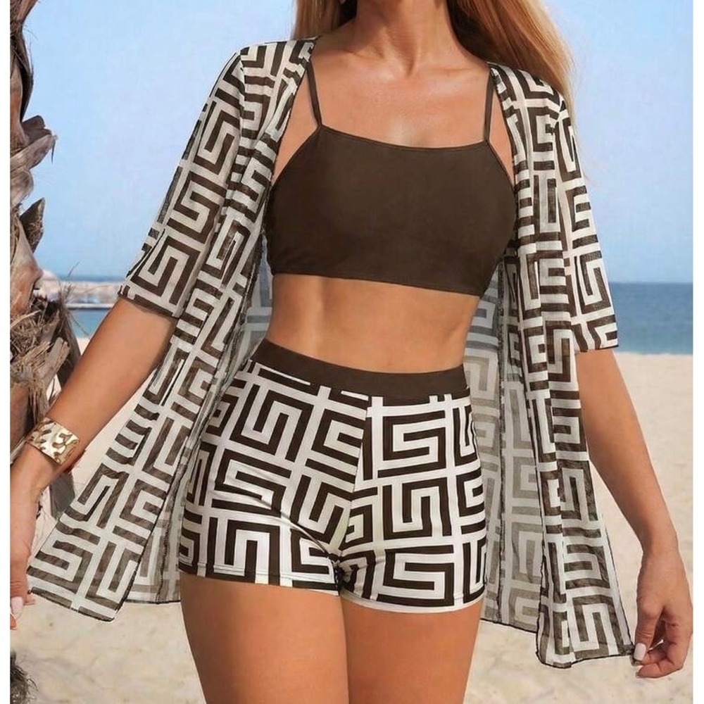SHEIN 3 Piece Swimsuit Set Brown Geometric Print Bikini Shorts Cover Up Kimono